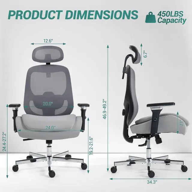 Alt view image 2 of 7 - VANBOW Ergonomic Mesh Office Chair, Comfy Desk Chair, Big and Tall Executive Office Chair with 4D Arms, 2D Lumbar Support, Adjustable Headrest, Grey