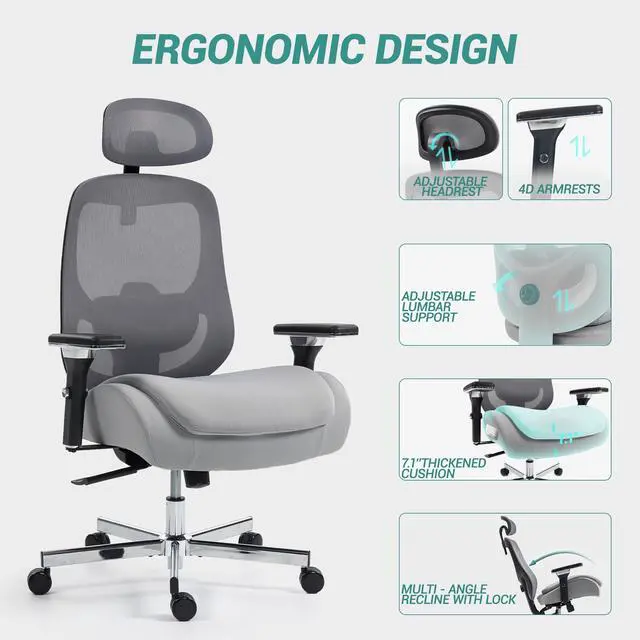 Alt view image 7 of 7 - VANBOW Ergonomic Mesh Office Chair, Comfy Desk Chair, Big and Tall Executive Office Chair with 4D Arms, 2D Lumbar Support, Adjustable Headrest, Grey