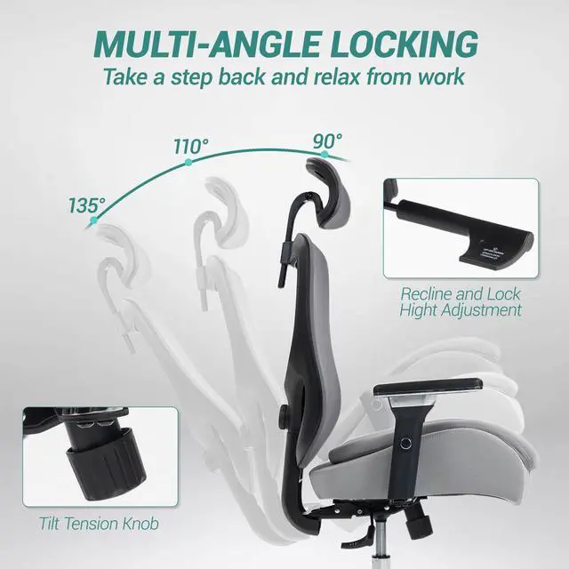 Alt view image 5 of 7 - VANBOW Ergonomic Mesh Office Chair, Comfy Desk Chair, Big and Tall Executive Office Chair with 4D Arms, 2D Lumbar Support, Adjustable Headrest, Grey