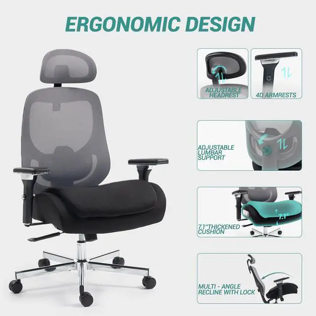 Alt view image 7 of 7 - VANBOW Ergonomic Mesh Office Chair, Comfy Desk Chair, Big and Tall Executive Office Chair with 4D Arms, 2D Lumbar Support, Adjustable Headrest, Black/Grey