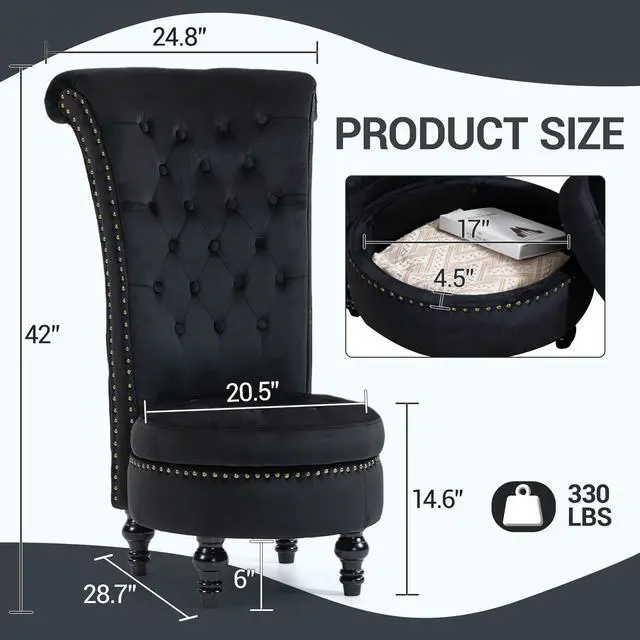 Alt view image 2 of 7 - VANBOW High Back Throne Royal Chair, Velvet Armless Accent with Storage, Nailhead Trim, Solid Rubber wood Legs for Living Room Bedroom, Black