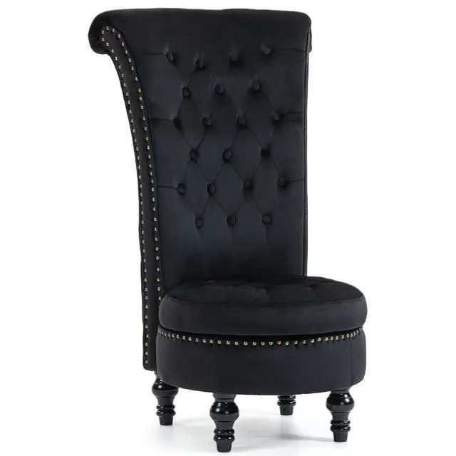 Main image of VANBOW High Back Throne Royal Chair, Velvet Armless Accent with Storage, Nailhead Trim, Solid Rubber wood Legs for Living Room Bedroom, Black