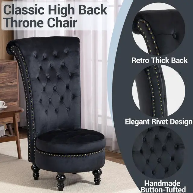 Alt view image 3 of 7 - VANBOW High Back Throne Royal Chair, Velvet Armless Accent with Storage, Nailhead Trim, Solid Rubber wood Legs for Living Room Bedroom, Black