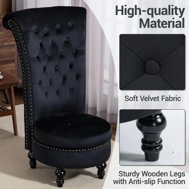 Alt view image 5 of 7 - VANBOW High Back Throne Royal Chair, Velvet Armless Accent with Storage, Nailhead Trim, Solid Rubber wood Legs for Living Room Bedroom, Black