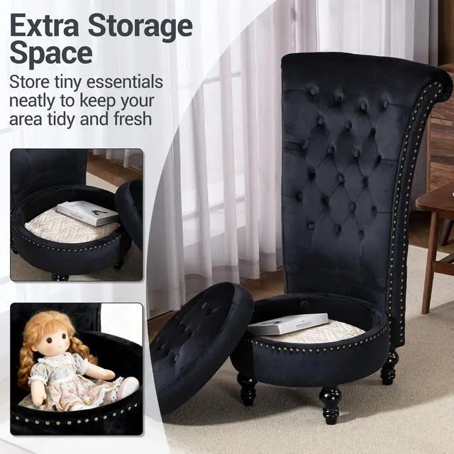 Alt view image 4 of 7 - VANBOW High Back Throne Royal Chair, Velvet Armless Accent with Storage, Nailhead Trim, Solid Rubber wood Legs for Living Room Bedroom, Black