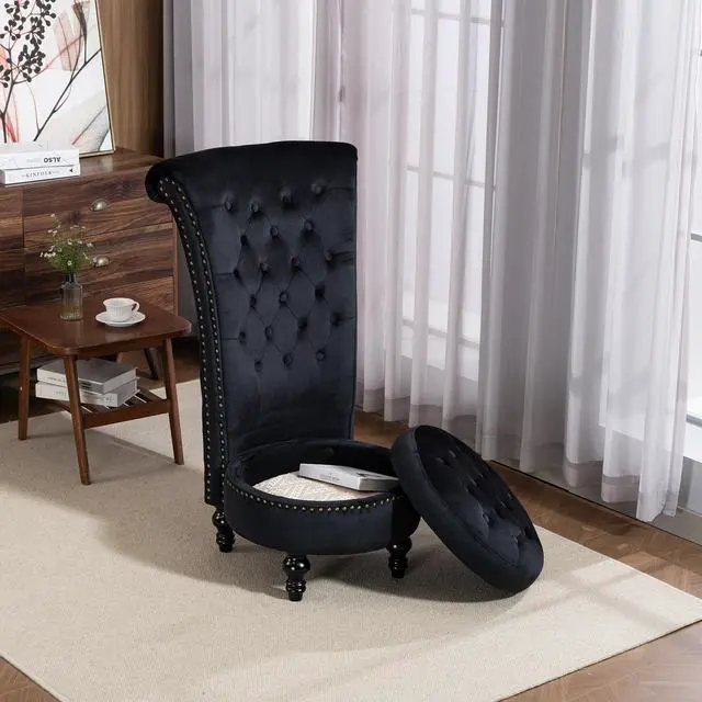 Alt view image 7 of 7 - VANBOW High Back Throne Royal Chair, Velvet Armless Accent with Storage, Nailhead Trim, Solid Rubber wood Legs for Living Room Bedroom, Black