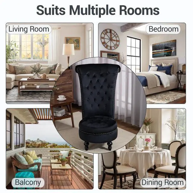 Alt view image 6 of 7 - VANBOW High Back Throne Royal Chair, Velvet Armless Accent with Storage, Nailhead Trim, Solid Rubber wood Legs for Living Room Bedroom, Black