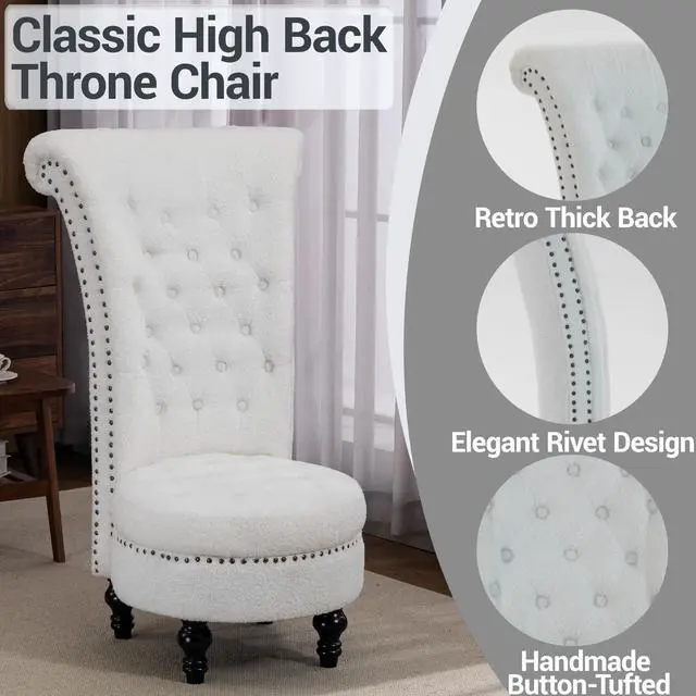 Alt view image 3 of 7 - VANBOW High Back Throne Royal Chair, Teddy Armless Accent with Storage, Nailhead Trim, Solid Rubber wood Legs for Living Room Bedroom, White
