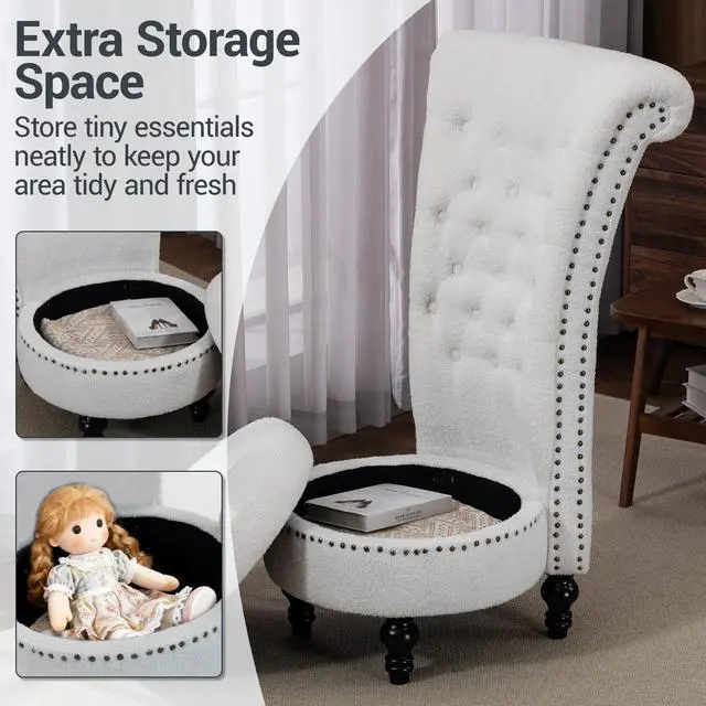 Alt view image 4 of 7 - VANBOW High Back Throne Royal Chair, Teddy Armless Accent with Storage, Nailhead Trim, Solid Rubber wood Legs for Living Room Bedroom, White