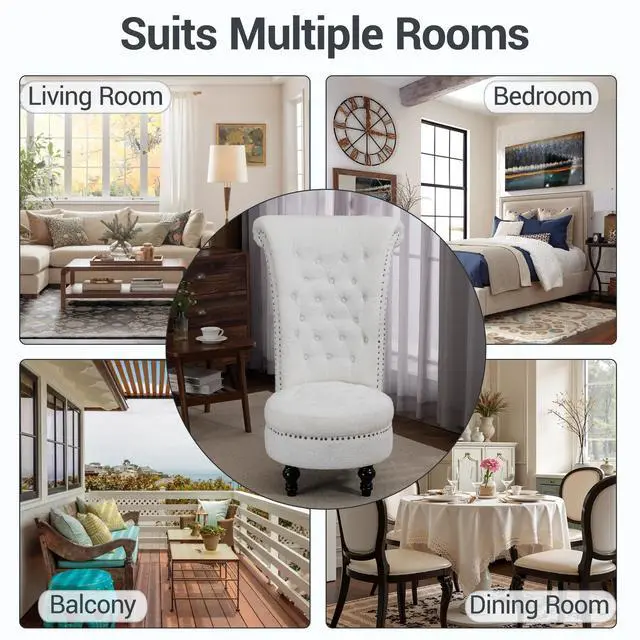 Alt view image 6 of 7 - VANBOW High Back Throne Royal Chair, Teddy Armless Accent with Storage, Nailhead Trim, Solid Rubber wood Legs for Living Room Bedroom, White