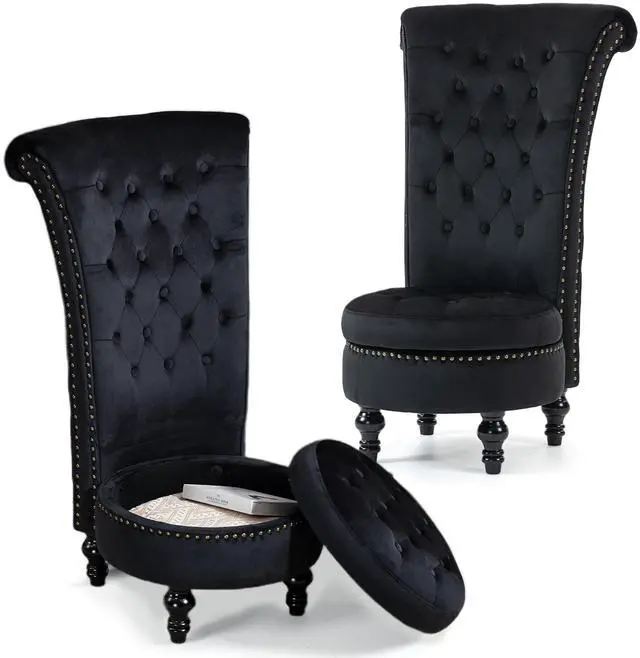 Main image of VANBOW High Back Throne Royal Chair Set of 2, Velvet Armless Accent with Storage, Nailhead Trim, Solid Rubber wood Legs for Living Room Bedroom, Black