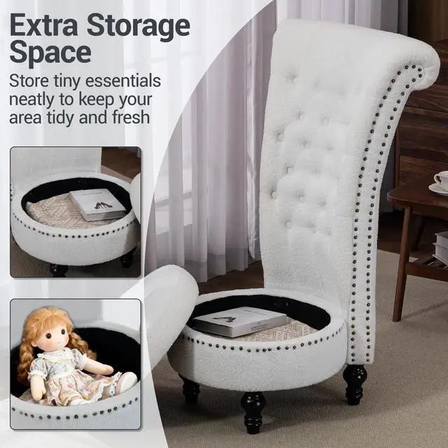 Alt view image 4 of 7 - VANBOW High Back Throne Royal Chair Set of 2, Teddy Armless Accent with Storage, Nailhead Trim, Solid Rubber wood Legs for Living Room Bedroom, White