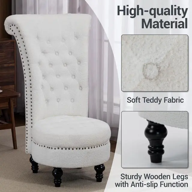 Alt view image 5 of 7 - VANBOW High Back Throne Royal Chair Set of 2, Teddy Armless Accent with Storage, Nailhead Trim, Solid Rubber wood Legs for Living Room Bedroom, White