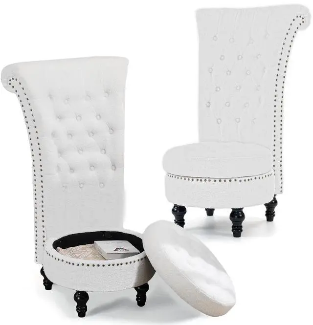Main image of VANBOW High Back Throne Royal Chair Set of 2, Teddy Armless Accent with Storage, Nailhead Trim, Solid Rubber wood Legs for Living Room Bedroom, White
