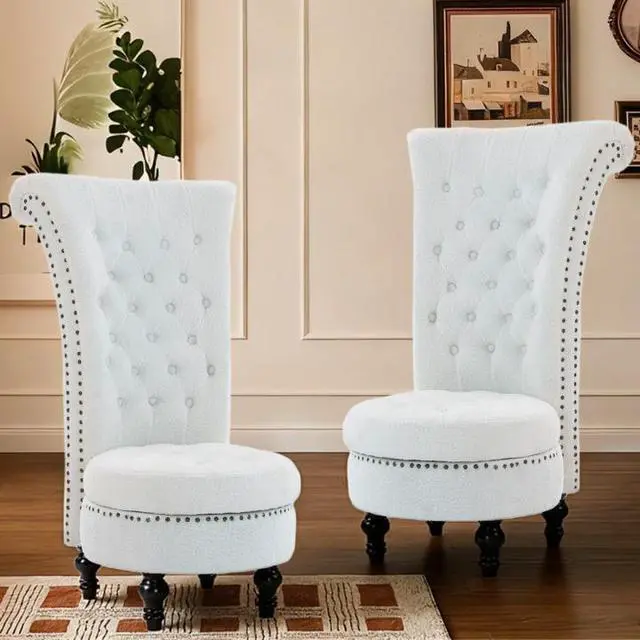 Alt view image 7 of 7 - VANBOW High Back Throne Royal Chair Set of 2, Teddy Armless Accent with Storage, Nailhead Trim, Solid Rubber wood Legs for Living Room Bedroom, White