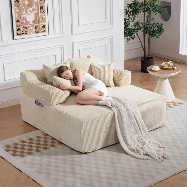 Alt view image 7 of 7 - VANBOW 58" Chaise Lounge Chair Indoor, Oversized Corduroy Boneless Sleeper Sofa Bed with Armrests & 4 Pillows, No Assembly for Living Room, Beige