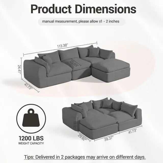 Alt view image 3 of 7 - VANBOW 113'' Modular Sectional Sofa Couches Boneless Convertible L-Shape Cloud Velvet Couch with Ottoman, No Assembly, Grey