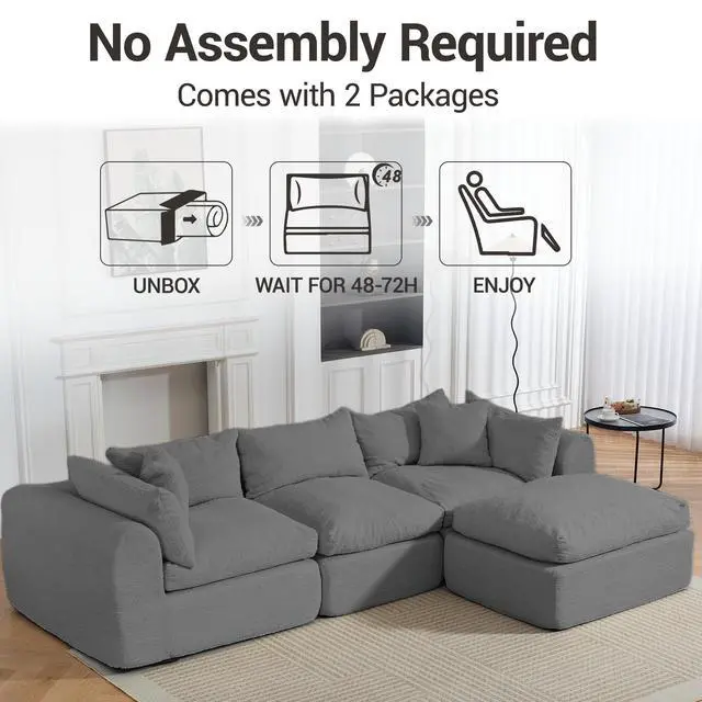 Alt view image 7 of 7 - VANBOW 113'' Modular Sectional Sofa Couches Boneless Convertible L-Shape Cloud Velvet Couch with Ottoman, No Assembly, Grey