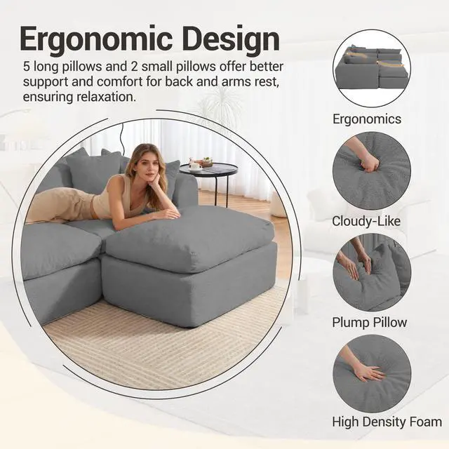 Alt view image 6 of 7 - VANBOW 113'' Modular Sectional Sofa Couches Boneless Convertible L-Shape Cloud Velvet Couch with Ottoman, No Assembly, Grey