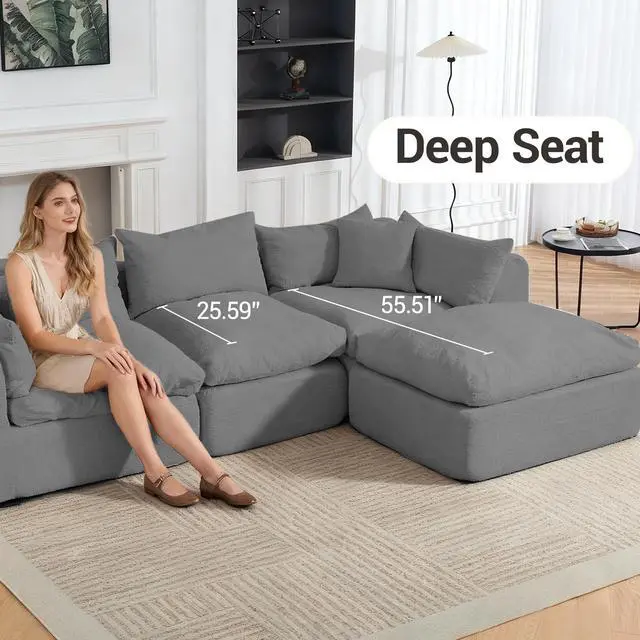 Alt view image 5 of 7 - VANBOW 113'' Modular Sectional Sofa Couches Boneless Convertible L-Shape Cloud Velvet Couch with Ottoman, No Assembly, Grey