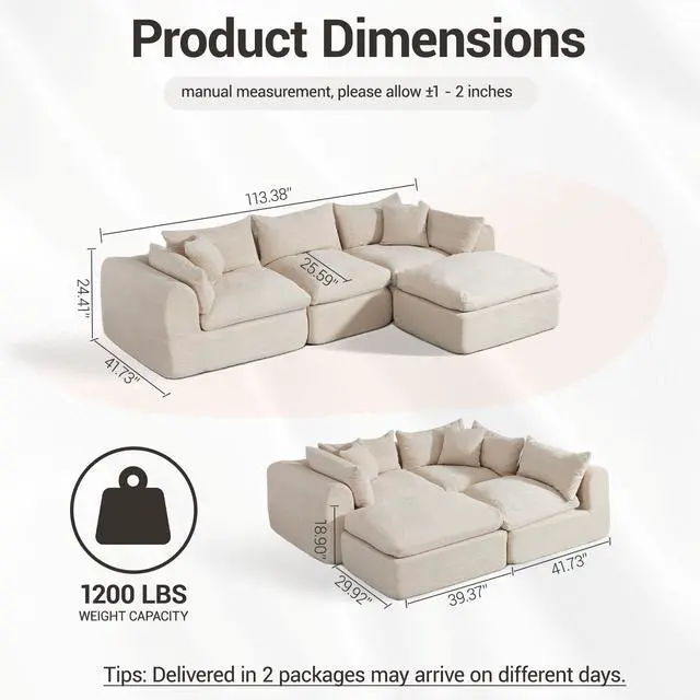 Alt view image 3 of 7 - VANBOW 113'' Modular Sectional Sofa Couches Boneless Convertible L-Shape Cloud Velvet Couch with Ottoman, No Assembly, Beige