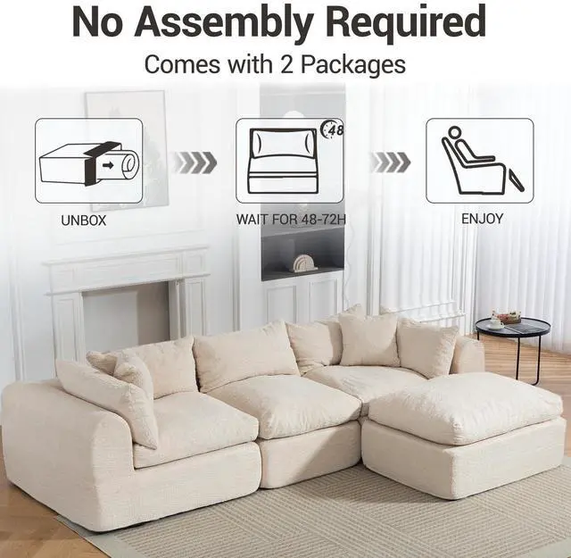 Alt view image 7 of 7 - VANBOW 113'' Modular Sectional Sofa Couches Boneless Convertible L-Shape Cloud Velvet Couch with Ottoman, No Assembly, Beige