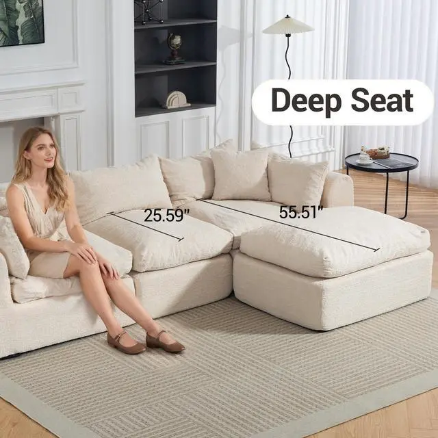 Alt view image 5 of 7 - VANBOW 113'' Modular Sectional Sofa Couches Boneless Convertible L-Shape Cloud Velvet Couch with Ottoman, No Assembly, Beige