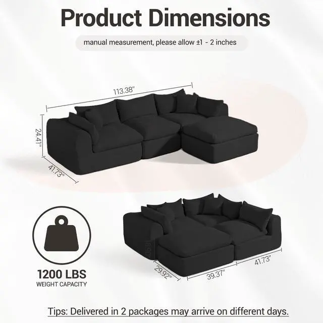 Alt view image 3 of 7 - VANBOW 113'' Modular Sectional Sofa Couches Boneless Convertible L-Shape Cloud Velvet Couch with Ottoman, No Assembly, Black