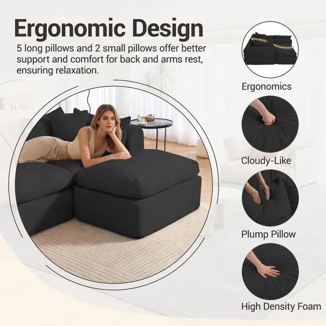 Alt view image 6 of 7 - VANBOW 113'' Modular Sectional Sofa Couches Boneless Convertible L-Shape Cloud Velvet Couch with Ottoman, No Assembly, Black