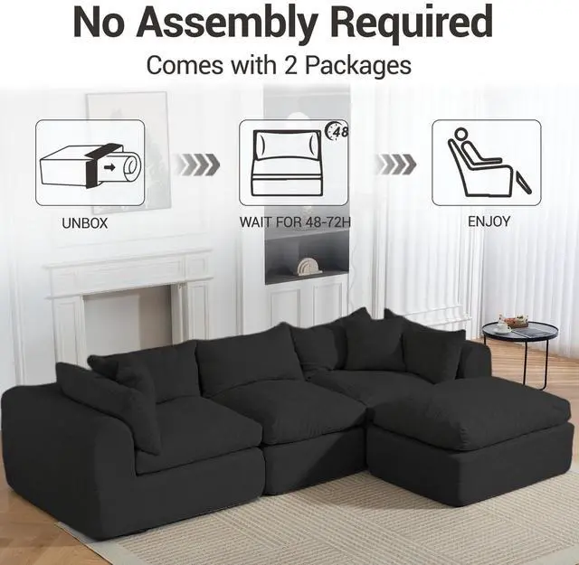Alt view image 7 of 7 - VANBOW 113'' Modular Sectional Sofa Couches Boneless Convertible L-Shape Cloud Velvet Couch with Ottoman, No Assembly, Black