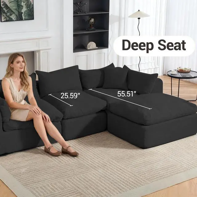 Alt view image 5 of 7 - VANBOW 113'' Modular Sectional Sofa Couches Boneless Convertible L-Shape Cloud Velvet Couch with Ottoman, No Assembly, Black