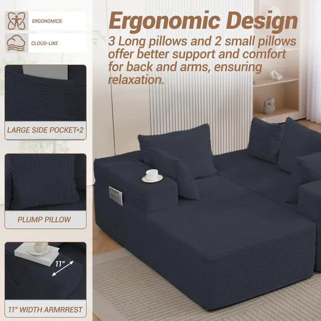 Alt view image 3 of 7 - VANBOW Modular Sectional Sofa with L-Shape Chaise, Corduroy Boneless Couches for Living Room, No Assembly, Black