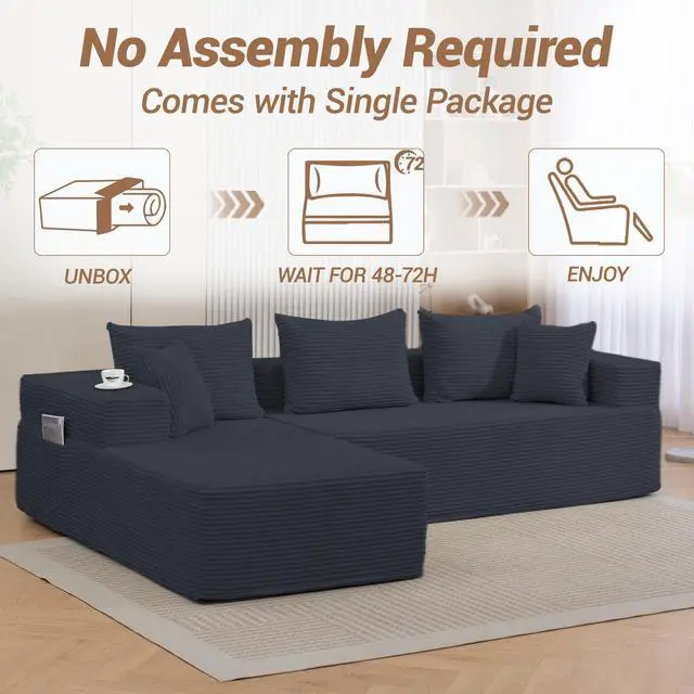 Alt view image 6 of 7 - VANBOW Modular Sectional Sofa with L-Shape Chaise, Corduroy Boneless Couches for Living Room, No Assembly, Black