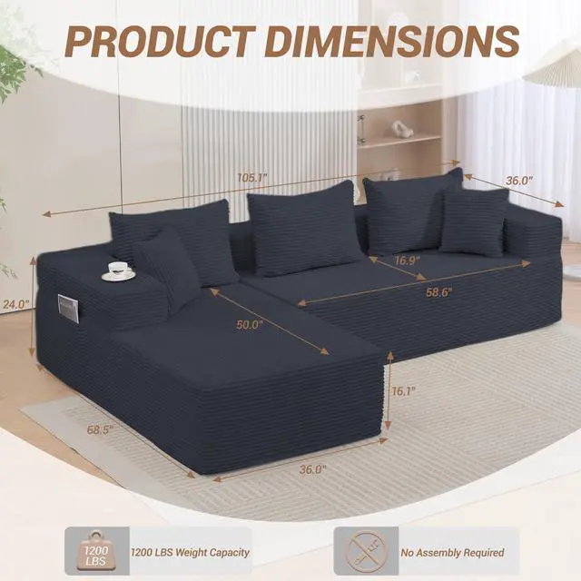 Alt view image 2 of 7 - VANBOW Modular Sectional Sofa with L-Shape Chaise, Corduroy Boneless Couches for Living Room, No Assembly, Black