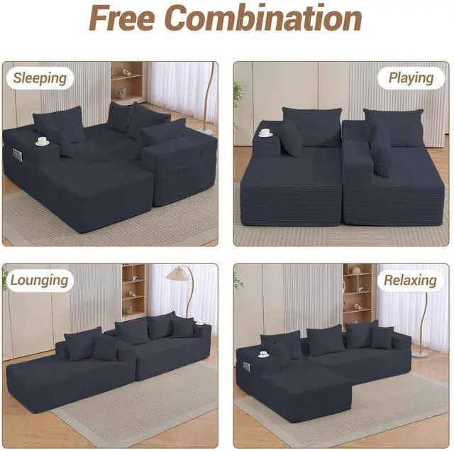 Alt view image 5 of 7 - VANBOW Modular Sectional Sofa with L-Shape Chaise, Corduroy Boneless Couches for Living Room, No Assembly, Black