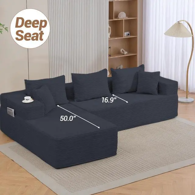 Alt view image 4 of 7 - VANBOW Modular Sectional Sofa with L-Shape Chaise, Corduroy Boneless Couches for Living Room, No Assembly, Black