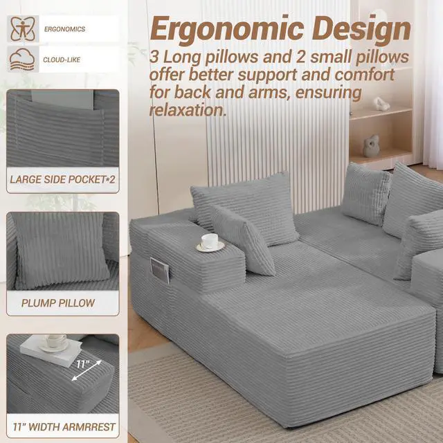 Alt view image 3 of 7 - VANBOW Modular Sectional Sofa with L-Shape Chaise, Corduroy Boneless Couches for Living Room, No Assembly, Grey