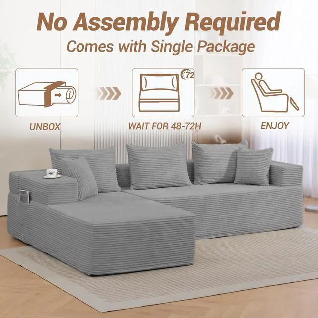 Alt view image 6 of 7 - VANBOW Modular Sectional Sofa with L-Shape Chaise, Corduroy Boneless Couches for Living Room, No Assembly, Grey