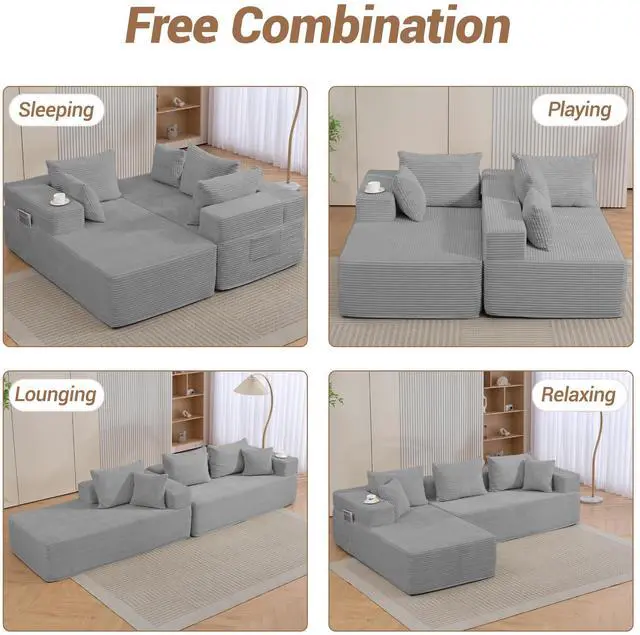 Alt view image 5 of 7 - VANBOW Modular Sectional Sofa with L-Shape Chaise, Corduroy Boneless Couches for Living Room, No Assembly, Grey