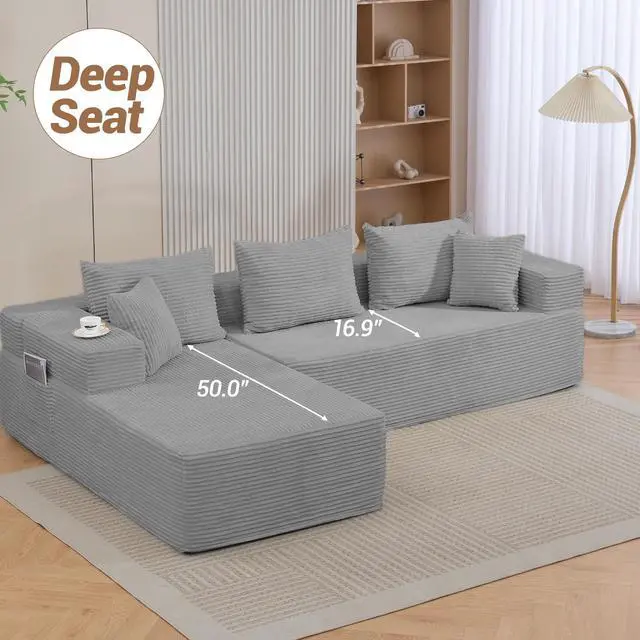 Alt view image 4 of 7 - VANBOW Modular Sectional Sofa with L-Shape Chaise, Corduroy Boneless Couches for Living Room, No Assembly, Grey