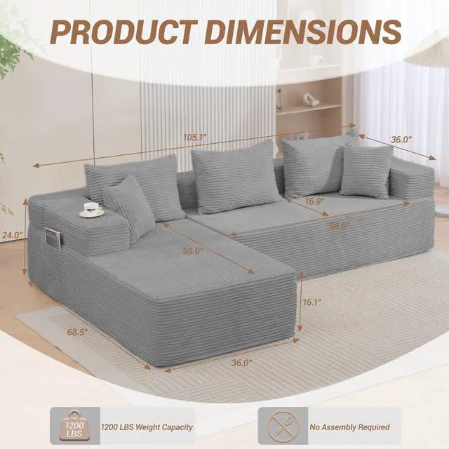 Alt view image 2 of 7 - VANBOW Modular Sectional Sofa with L-Shape Chaise, Corduroy Boneless Couches for Living Room, No Assembly, Grey