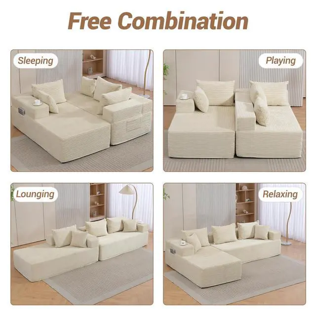 Alt view image 5 of 7 - VANBOW Modular Sectional Sofa with L-Shape Chaise, Corduroy Boneless Couches for Living Room, No Assembly, Beige