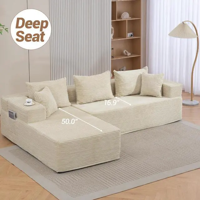 Alt view image 4 of 7 - VANBOW Modular Sectional Sofa with L-Shape Chaise, Corduroy Boneless Couches for Living Room, No Assembly, Beige