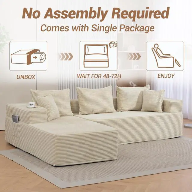 Alt view image 6 of 7 - VANBOW Modular Sectional Sofa with L-Shape Chaise, Corduroy Boneless Couches for Living Room, No Assembly, Beige