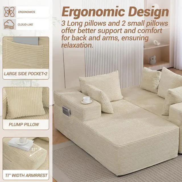 Alt view image 3 of 7 - VANBOW Modular Sectional Sofa with L-Shape Chaise, Corduroy Boneless Couches for Living Room, No Assembly, Beige