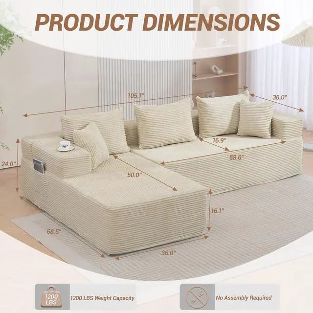 Alt view image 2 of 7 - VANBOW Modular Sectional Sofa with L-Shape Chaise, Corduroy Boneless Couches for Living Room, No Assembly, Beige