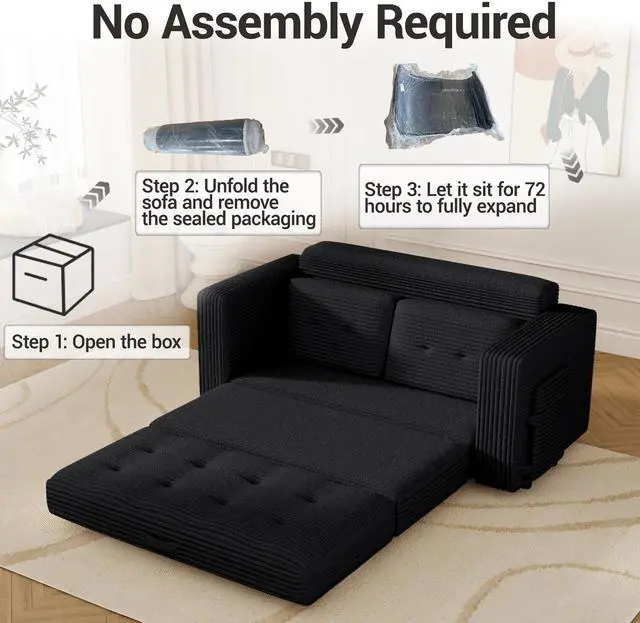 Alt view image 5 of 7 - VANBOW Pull Out Loveseat Boneless Couch,Sleeper Sofa, Folding Couch Bed with Pillow for Living Room Bedroom, Black