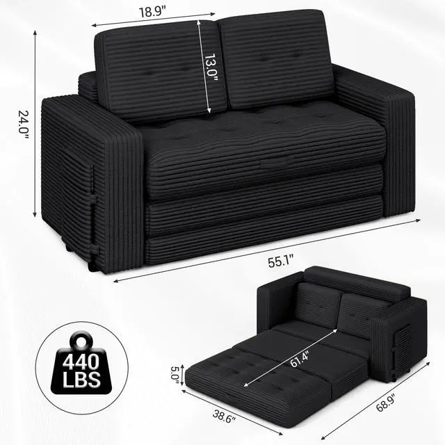 Alt view image 3 of 7 - VANBOW Pull Out Loveseat Boneless Couch,Sleeper Sofa, Folding Couch Bed with Pillow for Living Room Bedroom, Black