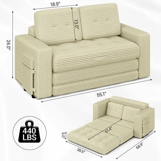 Alt view image 3 of 7 - VANBOW Pull Out Loveseat Boneless Couch,Sleeper Sofa, Folding Couch Bed with Pillow for Living Room Bedroom, Beige