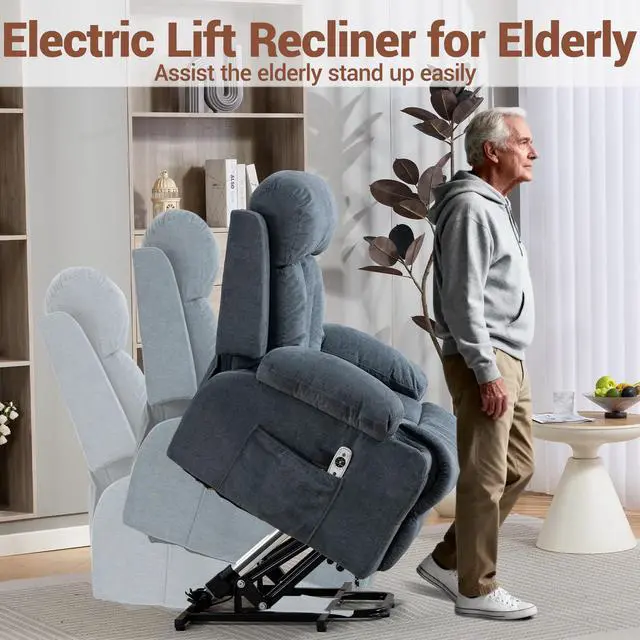 Alt view image 5 of 7 - VANBOW Power Lift Recliner Chair for Elderly, Electric Oversized Single Sofa with Vibration Massage and Heat, Cup Holder and USB Charge Port for Living Room, Blue